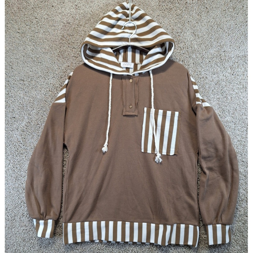 Krush Kandy Hoodie Women S Brown Waffle Knit Striped Henley Pocket Boho Casual